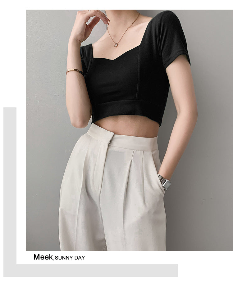 French Clavicle Square Collar Tops Women High Waist Croped Top Short Sleeve T-shirt Female