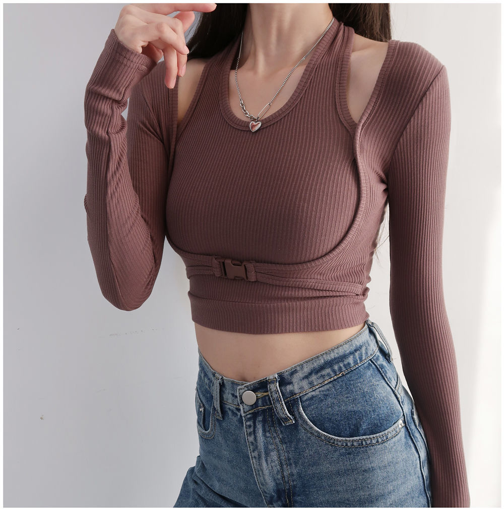 Fake Two Piece Halterneck Knitted Tops Women Tops Long Sleeved T-shirt Female