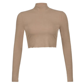 Solid Turtleneck Cropped T Shirt Women Autumn Casual Long Sleeve Ladies Skinny Basic