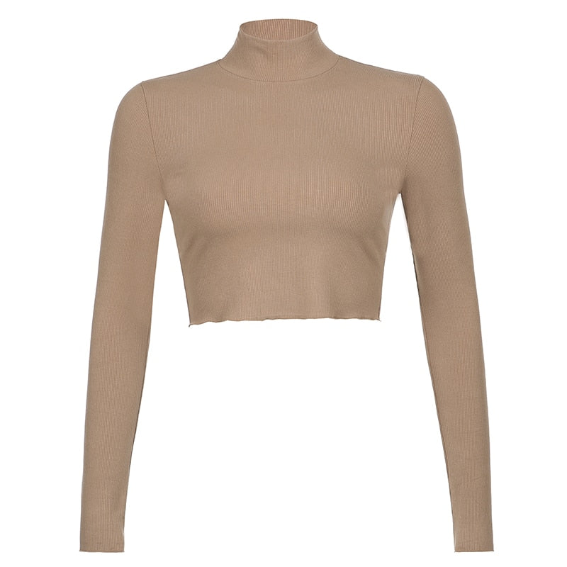 Solid Turtleneck Cropped T Shirt Women Autumn Casual Long Sleeve Ladies Skinny Basic