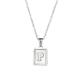 18K Golden Chain Necklaces Male Square Natural Shell Initial Letters Pendant Stainless Steel Jewelry