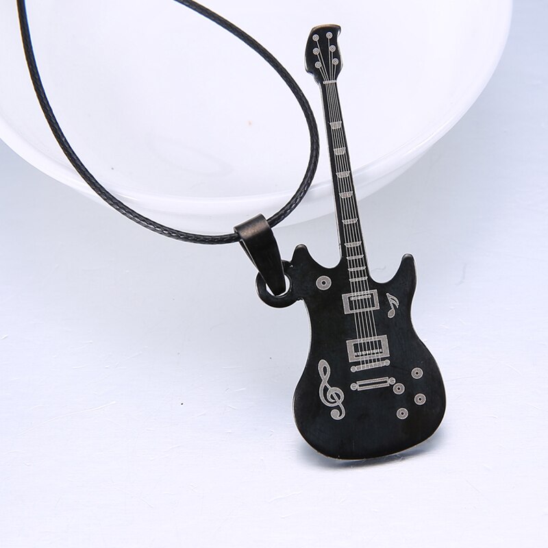 Love Music Exquisite Guitar Shaped Pendant Leather Rope Clavicle Chain Jewelry