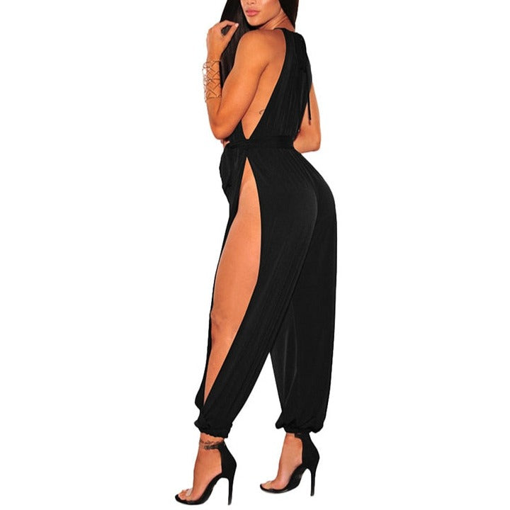 Women Hollow Out Jumpsuit Casual Sleeveless O-Neck Belt Jumpsuit Lace Up Slim Rompers