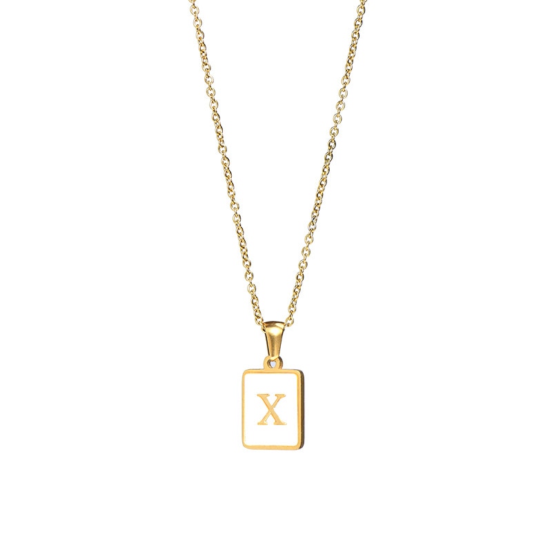 18K Golden Chain Necklaces Male Square Natural Shell Initial Letters Pendant Stainless Steel Jewelry