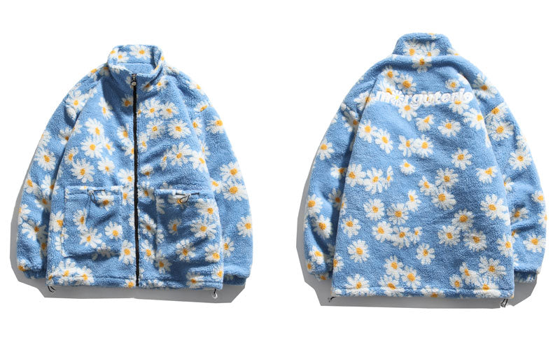 Cotton Padded Thick Parkas Jackets Daisy Print Fleece Warm Full Zip Coats