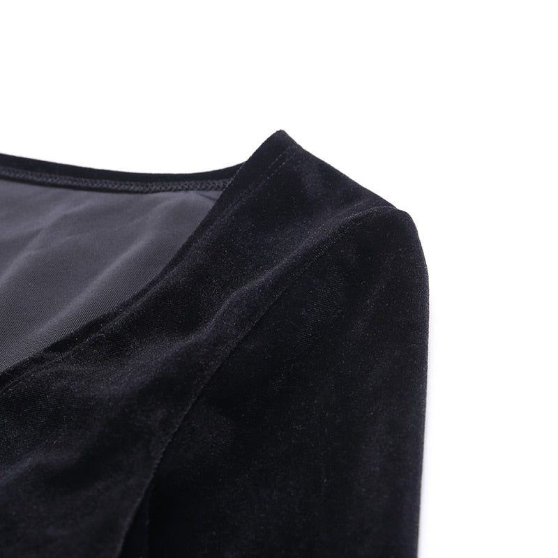 Ins Goth Sexy Women Gothic Crop Top Flare Long Sleeve Lace Hollow Out Black  V-neck T-shirt