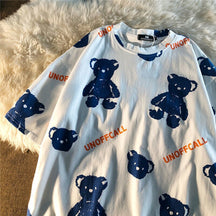 Summer Full Print Cartoon Bear Kawaii Short-Sleeved  T-Shirt Loose Harajuku Casual