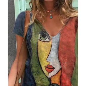 V Neck Tshirt Women's Summer Print Shirt Tops Loose Female Tee Streetwear Short Sleeve Clothes