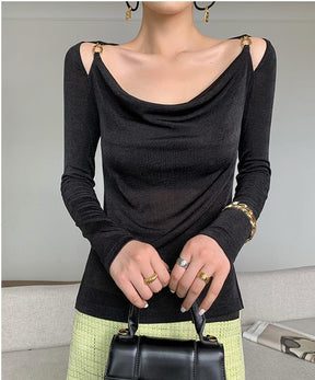 Sexy Swing Collar Cropped Tops Frauen Herbst Metall Design Skinny Langarm T-Shirt Outwear