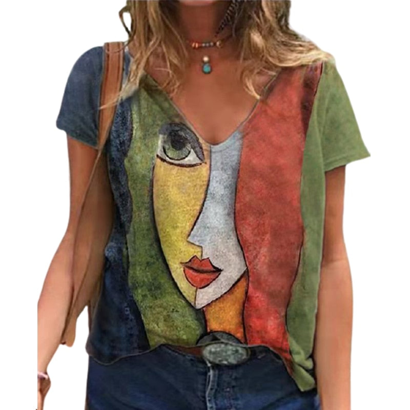 V Neck Tshirt Women's Summer Print Shirt Tops Loose Female Tee Streetwear Short Sleeve Clothes