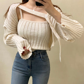 Camisole Knitted Cardigans Women Two Piece Sets 2021 Autumn Sweater Jacket Woman