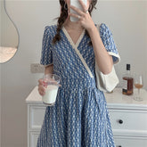 Women Summer V Neck Jacquard Floral Long Dress High Waist Short Sleeve Exquisite Midi Dresses