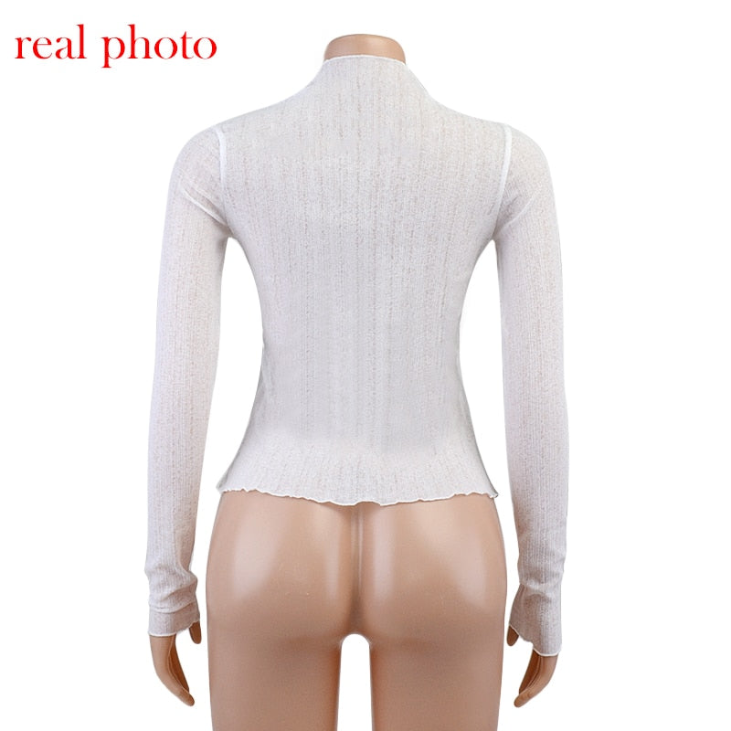 Elegant See Through Long Sleeve Mock Neck Women Tops Fashion Streetwear T-Shirts