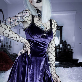 Goth Cross Sexy Purple Dress Vintage Velvet A Line Lolita Dress Aesthetic Gothic