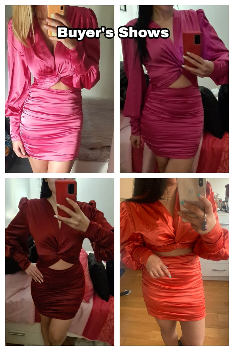 deep v neck bodycon dress Party club hollow out mini dress Elegant lantern sleeve satin dress