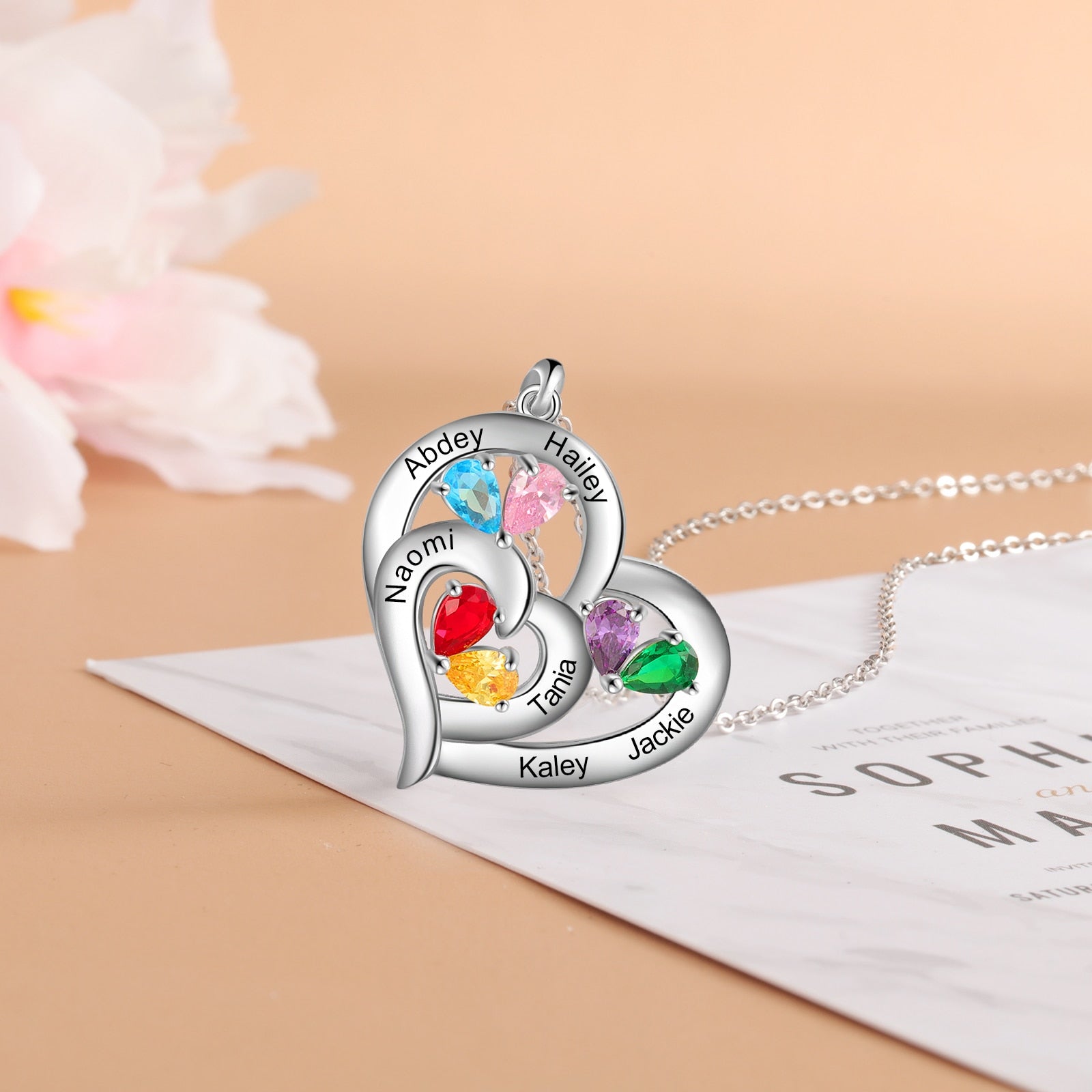 Personalized 1-6 Name Engraving Heart Pendant DIY Birthstone Necklace