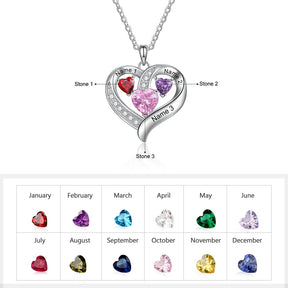 Name Engraved Heart Necklaces for Customized 3 Birthstone Necklace