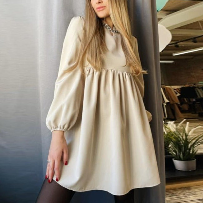 O-Neck Folds Lantern Sleeve Casual Dresses Autumn Solid Color A-Line Loose Comfort High Waist Dress