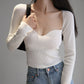 Magliette lavorate a maglia con scollo quadrato vintage francese da donna T-shirt pullover a maniche lunghe skinny da donna