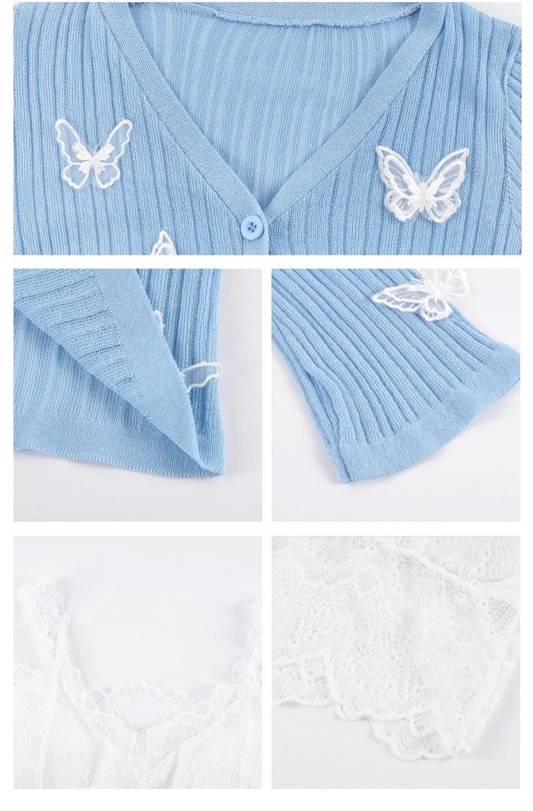 Butterfly Knit Cardigans Women V-Neck Crop Tops Ladies Summer Thin Long Sleeved