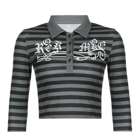 Goth Print Tops Stripe Cute T-Shirts Dark Academia Techwear Button Up V Neck Half Sleeve Sweat Shirts