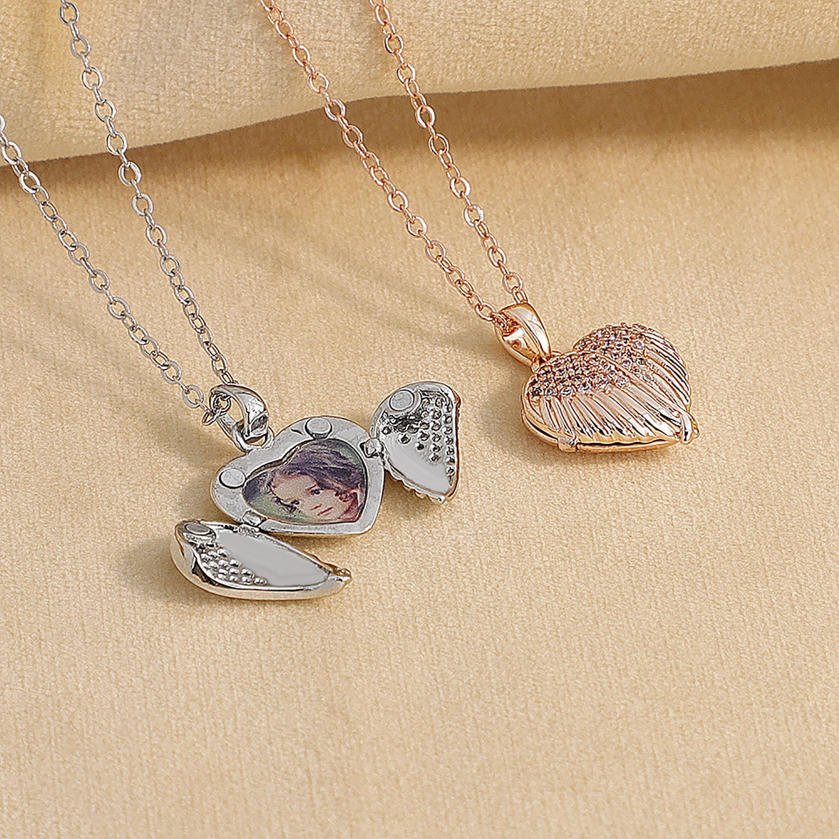 Personalize Heart Locket Necklace Plated Rose Gold Silver Color Angel Wing Shape Custom Photo Pendant