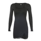 Square Neck Lace Patchwork Bodycon Black Dress Women Cotton Side Split Autumn Dress