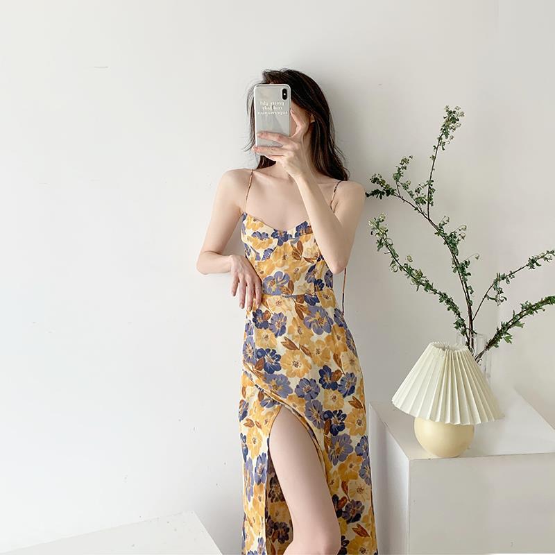 Women Floral Strap Dress Summer French Vintage Square Collar Slit Sleeveless Long Dresses