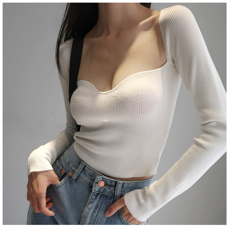 Magliette lavorate a maglia con scollo quadrato vintage francese da donna T-shirt pullover a maniche lunghe skinny da donna