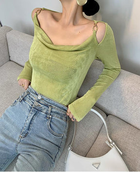 Sexy Swing Collar Cropped Tops Frauen Herbst Metall Design Skinny Langarm T-Shirt Outwear