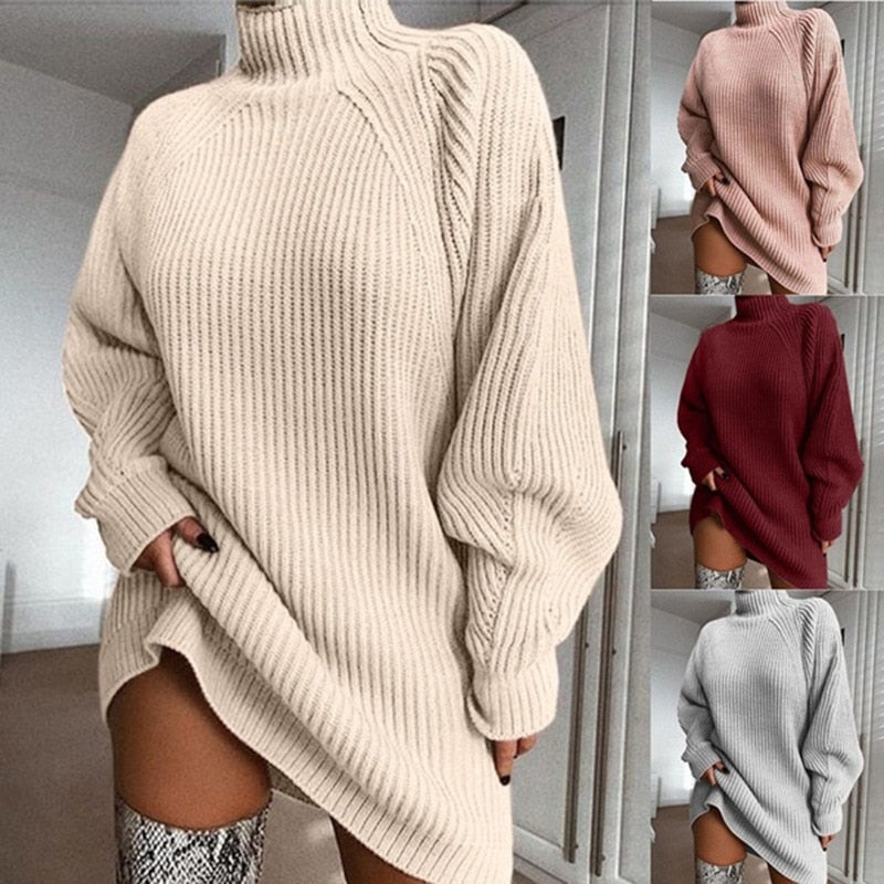 Women Turtleneck Oversized Knitted Dress Solid Long Sleeve Casual Elegant Mini Sweater Dress Plus Size