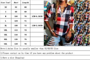 T-shirt Plaid Printed V-neck Long Sleeve Top Casual Loose Large Size Ladies T-shirt