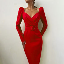 Slim V Neck Long Sleeve Mid Calf Pencil Dress 2022 Casual Office Lady Solid Red Puff Sleeve