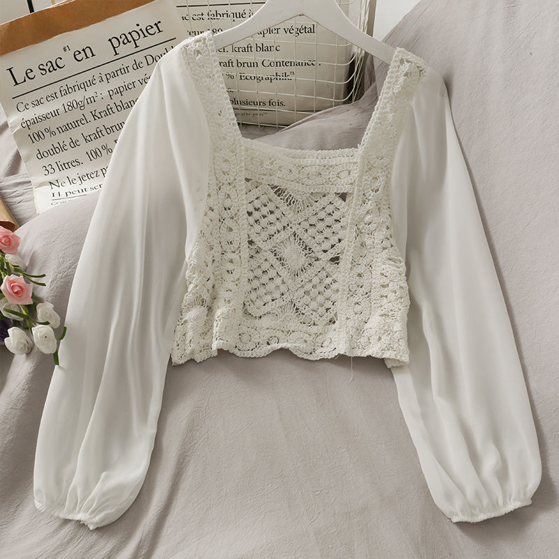 Vintage Women Thin Shirts Hollow Puff Sleeve Square Collar Slim Blouses Ladies Tops