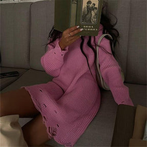 O Neck Oversized Mini Knitted Women Sweater Loose Dresses Autumn Winter Long Sleeve