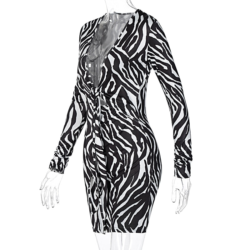 Zebra Print Long Sleeve V-Neck Bandage Sexy Mini Dress Streetwear Outfits Party Wear