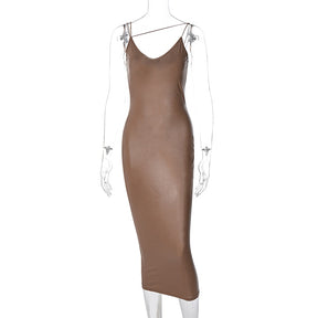 Pu-Kunstleder-Frauen-Schlitz-Midi-Kleid-Träger-V-Ausschnitt Backless Bodycon Sexy Streetwear