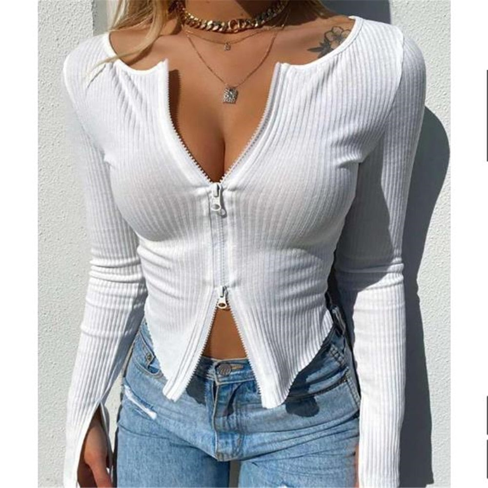 Frauen T-Shirt gerippt gestrickt Langarm Crop Tops Reißverschluss T-Shirt sexy weiblich schlank