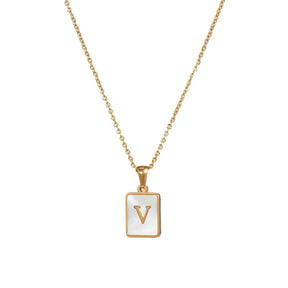 18K Golden Chain Necklaces Male Square Natural Shell Initial Letters Pendant Stainless Steel Jewelry