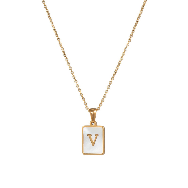 18K Golden Chain Necklaces Male Square Natural Shell Initial Letters Pendant Stainless Steel Jewelry