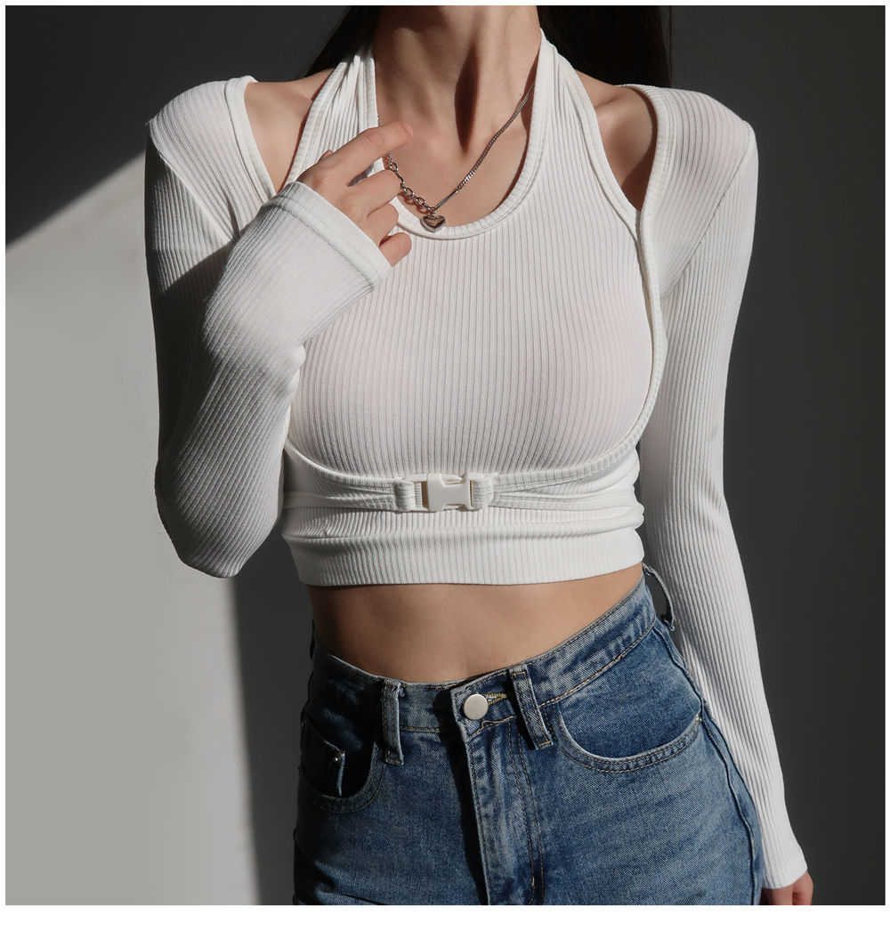 Fake Two Piece Halterneck Knitted Tops Women Tops Long Sleeved T-shirt Female