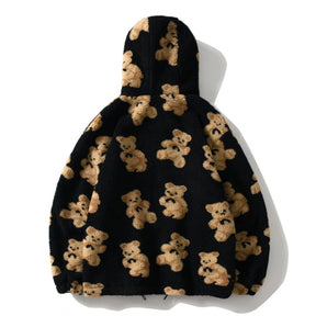 Hip Hop Men Women Fashion Bear Print Full Zip Hooded Coat Tops Outwear