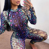 Sexy Women Jumpsuit Serpentine Print O-neck Long Sleeve Jumpsuit Backless Bodycon Jumpsuit