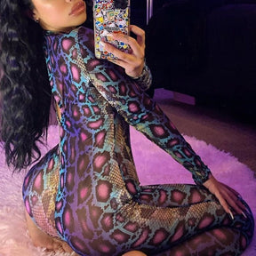 Sexy Women Jumpsuit Serpentine Print O-neck Long Sleeve Jumpsuit Backless Bodycon Jumpsuit