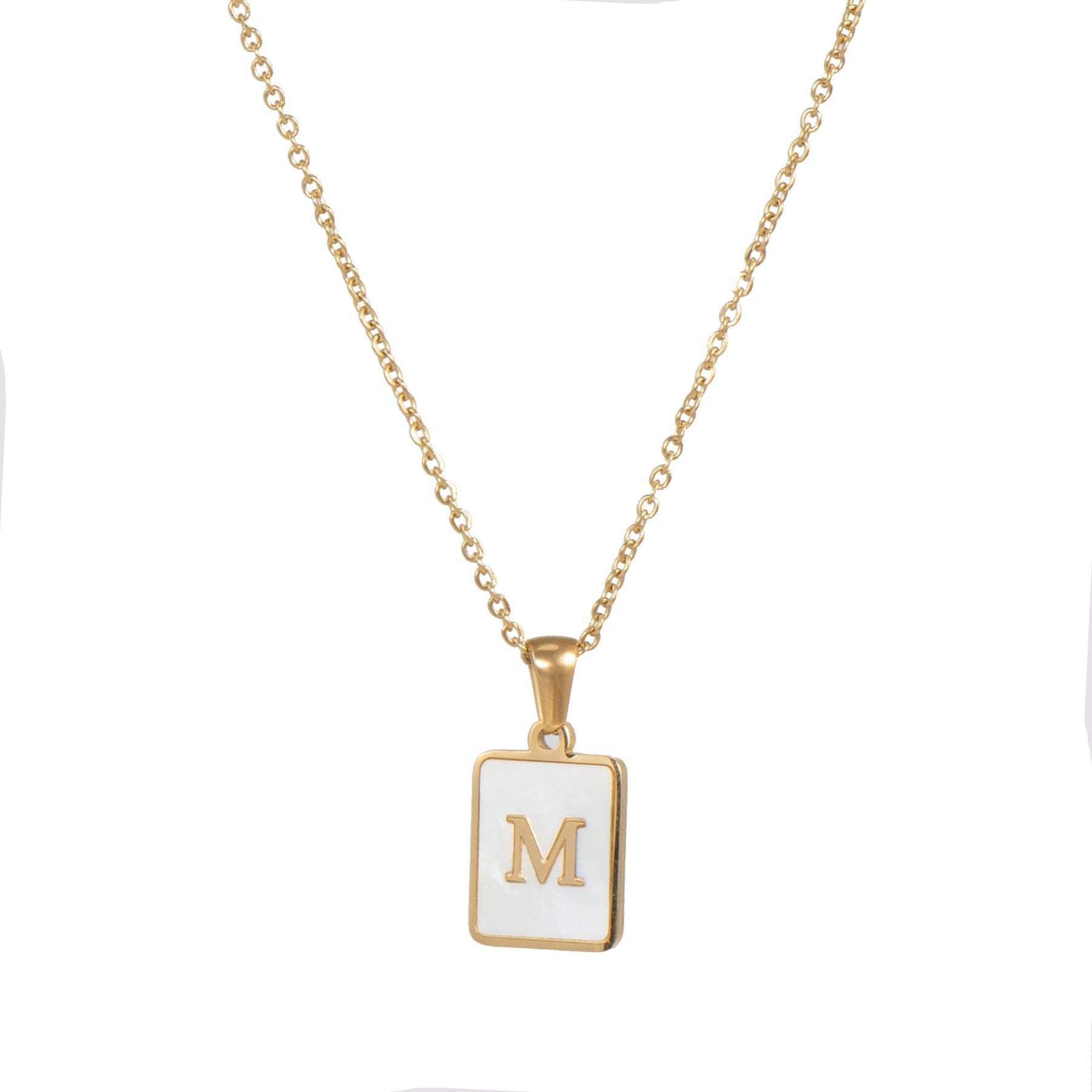 18K Golden Chain Necklaces Male Square Natural Shell Initial Letters Pendant Stainless Steel Jewelry