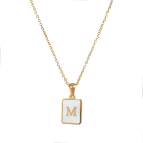 18K Golden Chain Necklaces Male Square Natural Shell Initial Letters Pendant Stainless Steel Jewelry