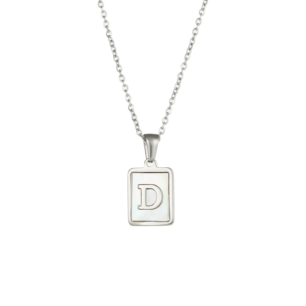 18K Golden Chain Necklaces Male Square Natural Shell Initial Letters Pendant Stainless Steel Jewelry