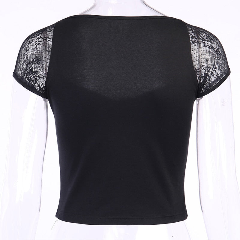 Tops Goth T-shirt Women Bodycon Bandage Lace Black T-shirts Gothic Streetwear Female Top