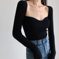 Magliette lavorate a maglia con scollo quadrato vintage francese da donna T-shirt pullover a maniche lunghe skinny da donna