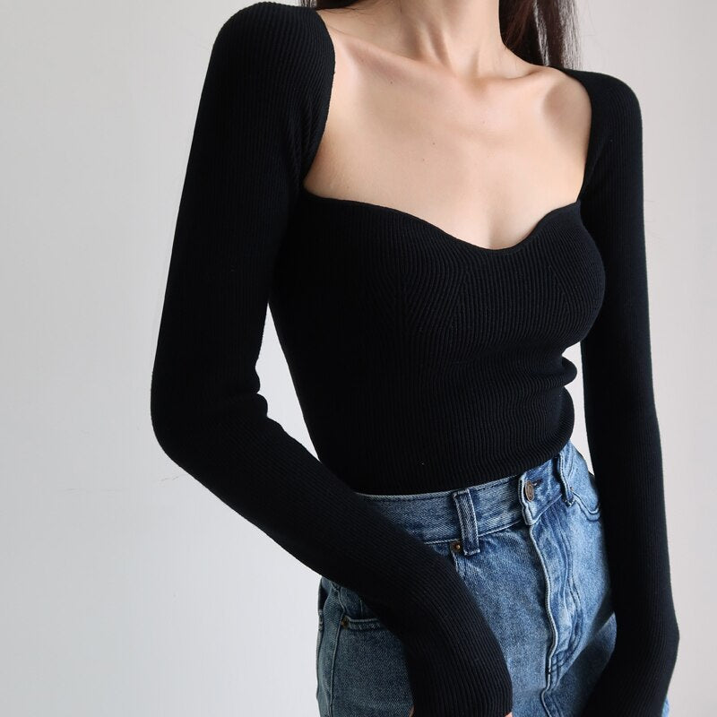 Magliette lavorate a maglia con scollo quadrato vintage francese da donna T-shirt pullover a maniche lunghe skinny da donna